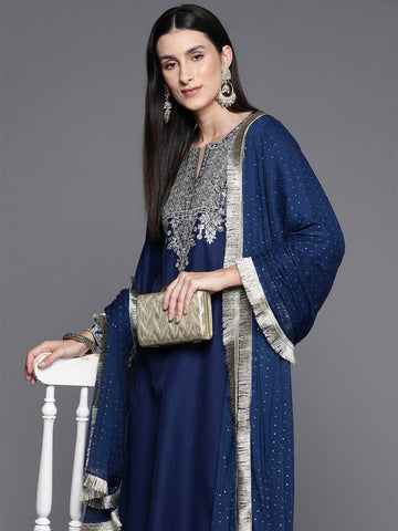 Blue Embroidered Straight Kurta Paired With Tonal Bottom And Dupatta